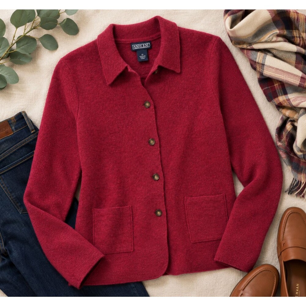 Vintage Red Wool Jacket Cardigan Boiled Wool Button Front Minimalist Textured